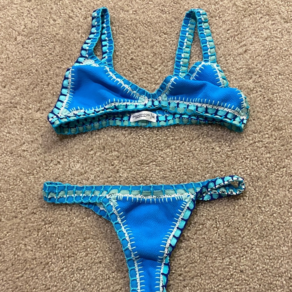 Coccoloba Blue Thong Bikini Set with White Stitching